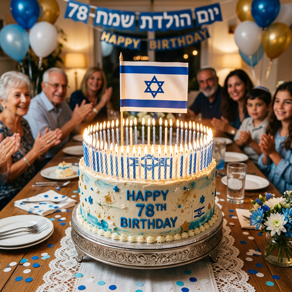 Birthday cake with 78 lit candles, Israeli flag, and family clapping