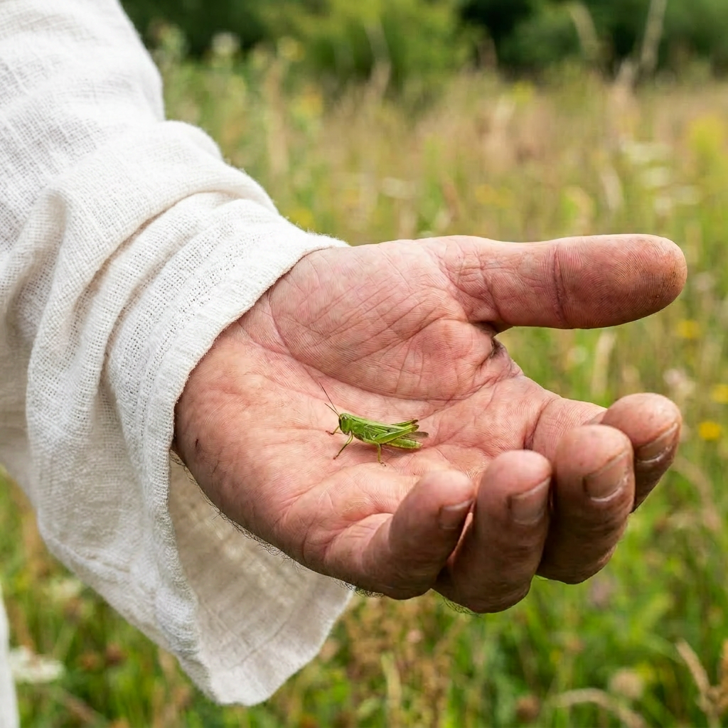 Small green grasshopper resting on an open adult hand