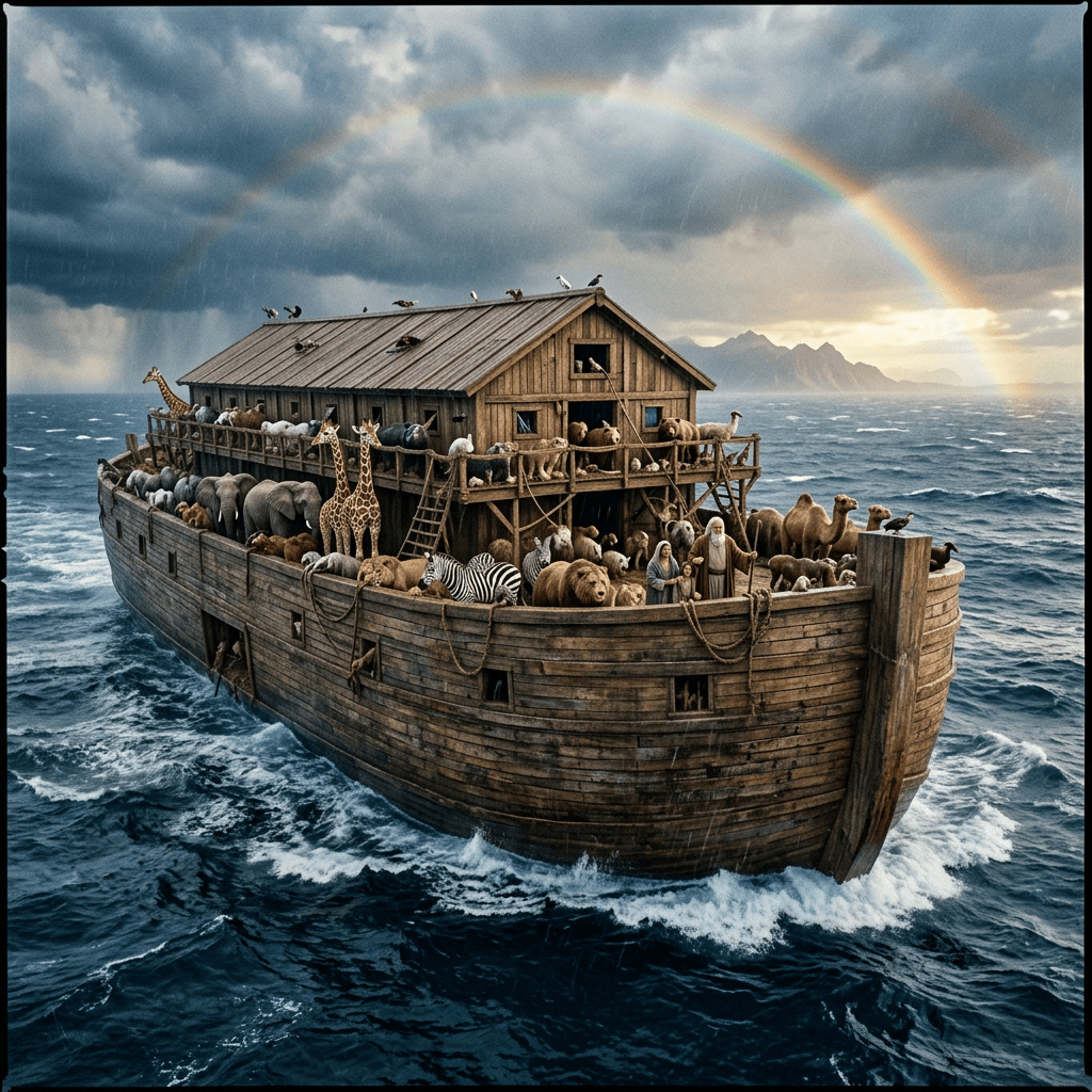 Animal-filled wooden ark sailing through rough seas beneath a rainbow